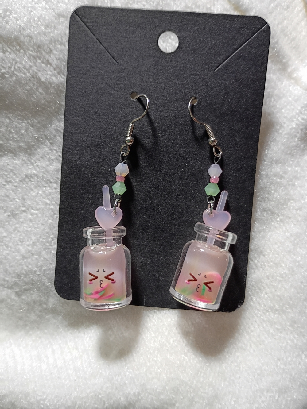 Kawaii Pink Drink Cocktail Earrings Heart Strawberry Tea K-Pop J-Pop Lolita Cute